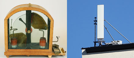 To the left, a very old electrostatic machine. To the right, a mobile network antenna on a roof.
