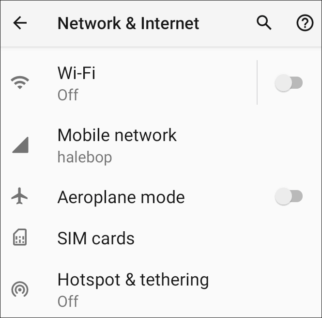 Symboler för wifi, bluetooth, flygläge och mobildata.